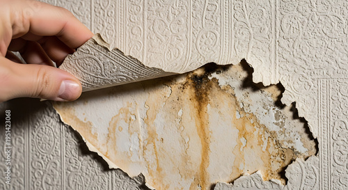 Homeowner discovers extensive water damage and toxic mold underneath peeling wallpaper requiring urgent repair and restoration