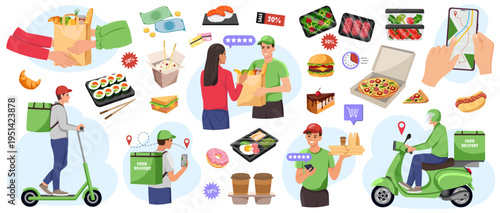 Various food delivery couriers and meals in flat style on light background, concept of fast service. Vector illustration