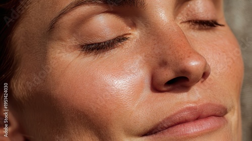 Woman with closed eyes basking in warm sunlight, showing healthy natural skin with freckles, enjoying a moment of relaxation and self care, enhancing beauty