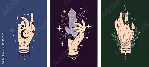 Mystic Hands Gesturing with Magical Symbols on Blue, Purple, Green Backgrounds