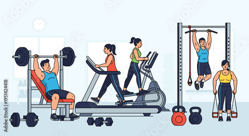 Diverse group of people engaging in various fitness activities at a modern gym, including weightlifting, cardio, and resistance training.