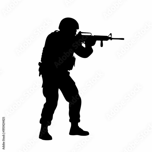 Soldier aims rifle in combat stance on battlefield terrain outdoors