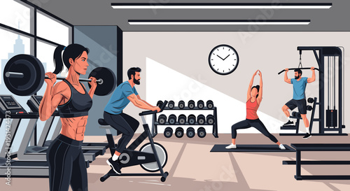 Diverse group of people engaging in various fitness activities inside a modern, well-equipped gym with exercise machines and weights.