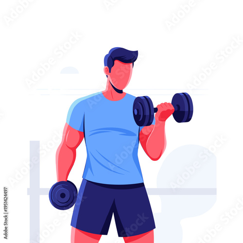 A stylized illustration of a muscular man lifting dumbbells during a workout session.