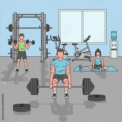 People exercising in a modern gym with various fitness equipment including barbells, dumbbells, and exercise bikes.
