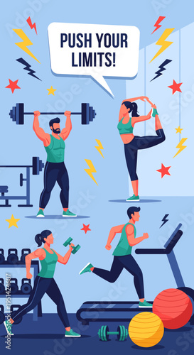 An illustration showing various people exercising in a gym, including weightlifting, yoga, running on a treadmill, and dumbbell training, with a motivational 'PUSH YOUR LIMITS!' speech bubble.