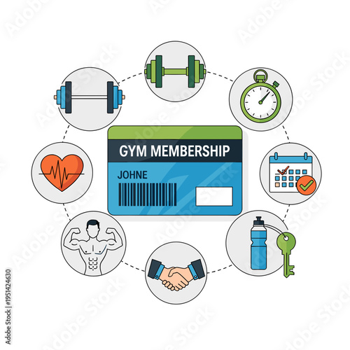 Illustration of a gym membership card surrounded by various fitness and workout icons, representing health, exercise, and gym benefits.