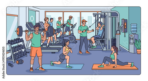 A vibrant illustration of a modern gym with diverse individuals engaged in various fitness activities, including weightlifting, cardio, and stretching.