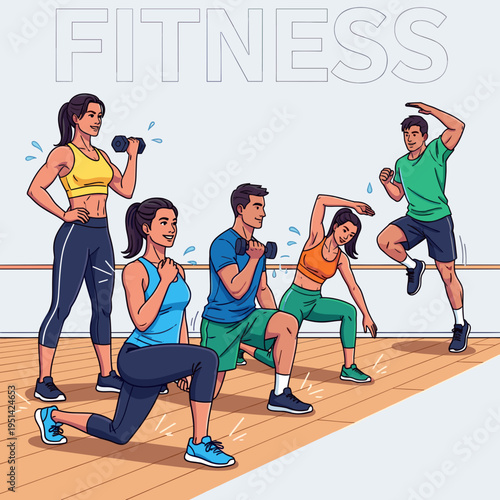 Diverse group of people engaging in various fitness exercises in a gym setting, promoting a healthy and active lifestyle.
