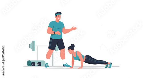 Personal trainer instructing a woman doing push-ups in a gym setting, a flat vector illustration.