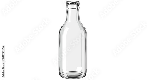 A clear, empty glass bottle with a silver metal cap, isolated on a white background.