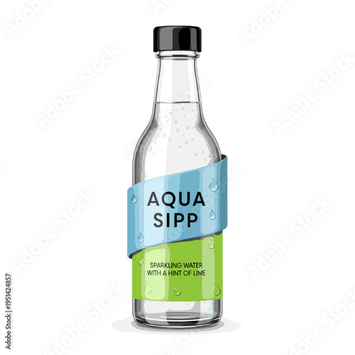 Clear glass bottle of Aqua Sipp sparkling water with a hint of lime, featuring blue and green labels and a black cap, isolated on white.