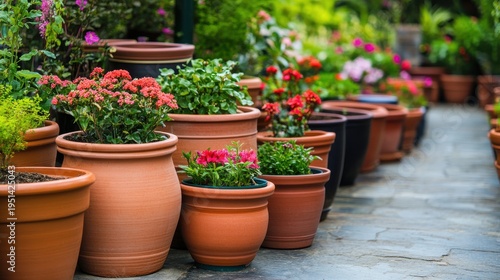 Various potted plants and flowers arranged outdoors