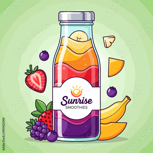 Vibrant layered fruit smoothie in a bottle surrounded by fresh strawberries, blueberries, bananas, mango, pineapple, and blackberries on a green background.