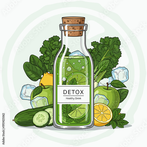 A vibrant illustration of a detox healthy drink in a glass bottle surrounded by fresh green ingredients like kale, spinach, cucumber, apple, lemon, and mint with ice cubes.