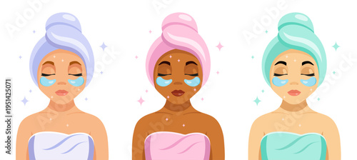 Three diverse women with different skin tones using under eye patches and towels