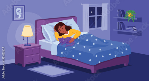 Sleeping Woman in Purple Bedroom with Blue Polka-Dot Blanket