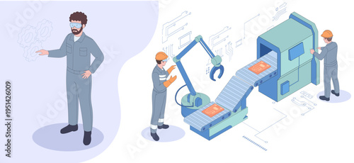 Workers operating robotic assembly line in flat style on light background showing advanced industry concept. Vector illustration