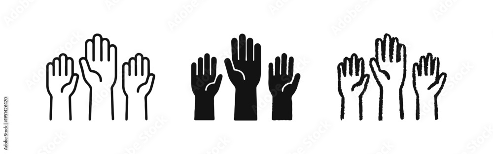 Fototapeta premium Raised hands for vote and participation icon set. Community engagement and democratic choice symbols. Hands up for questions, voting, or volunteering icons.