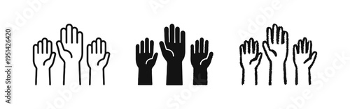 Raised hands for vote and participation icon set. Community engagement and democratic choice symbols. Hands up for questions, voting, or volunteering icons.