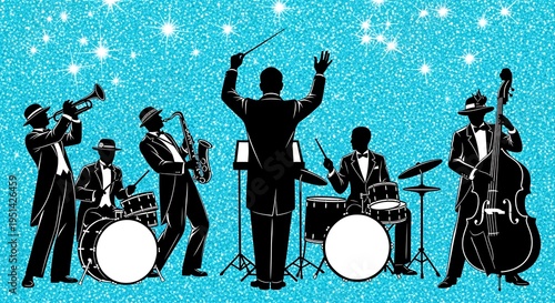 A jazz orchestra performing a lively musical ensemble under a sparkling, festive backdrop
