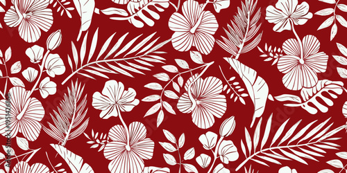 Seamless tropical floral pattern with white leaves on a red background
