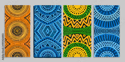 Four vibrant rectangular panels display colorful patterned african inspired designs