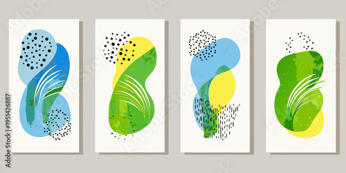Abstract art featuring colorful organic shapes arranged in four panels