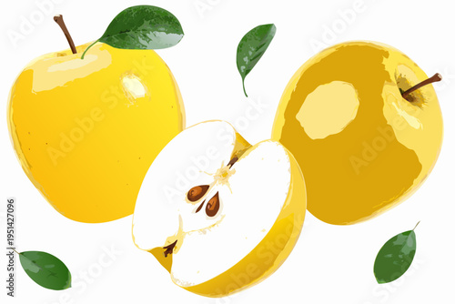 A vibrant still life featuring golden apples and fresh green leaves