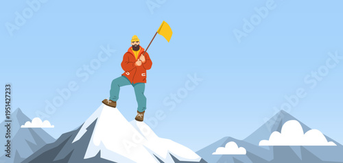 A tourist standing on a snowy mountain peak with a flag in a cartoon style on a clear sky background, symbolizing achievement and hike concept. Vector illustration