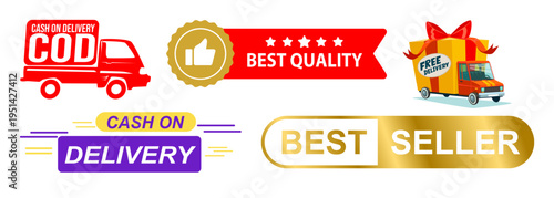 Set of 5 e-commerce vector badges including Cash On Delivery (COD) truck, Best Quality, Best Seller, and Free Delivery gift truck for online shopping promotions