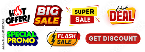Set of 7 colorful vector promotion and sale badges including 'Hot Offer!', 'Big Sale', 'Super Sale', 'Hot Deal', 'Special Promo', 'Flash Sale', and 'Get Discount' for marketing and e-commerce.