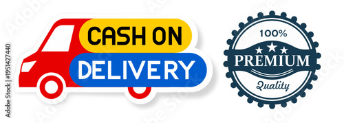 Cash on Delivery Red Delivery Van Icon with 100% Premium Quality Badge Vector Illustration for E-commerce and Shipping Services