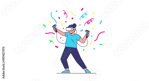 Person wearing VR headset and holding controllers, celebrating with confetti, immersive virtual reality experience