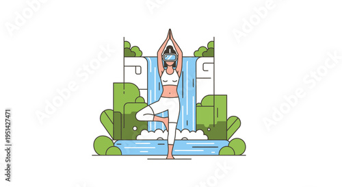 Woman in VR headset practicing yoga tree pose in front of a serene waterfall and lush greenery