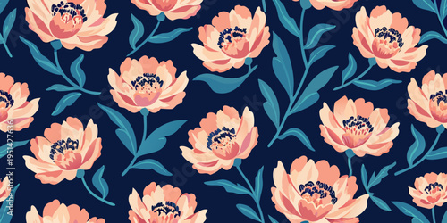 A seamless floral pattern featuring peach and coral blooms on navy