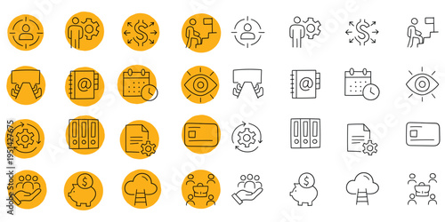 Hand-drawn cartoon and doodle set of office and business icons on a white background.