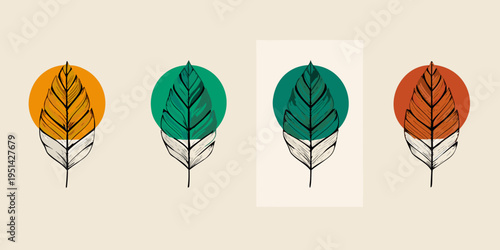 Four stylized feather illustrations with colorful geometric backgrounds