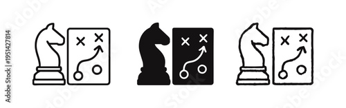 Chess knight and strategy board icon set. Business tactics and game planning symbols. Problem solving and strategic decision making icons.