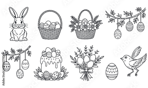 Hand drawn easter themed illustrations featuring bunny, baskets, eggs, cake and bird in black and white line art style perfect for coloring pages and holiday designs for spring season celebrations.