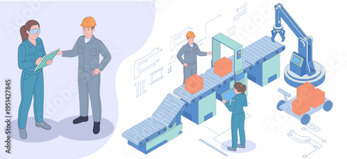Industrial workers at automated conveyor and robotic arm on light background, concept of idnusdtry. Vector illustration