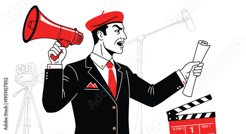 Film Director Holding Megaphone and Clapperboard.