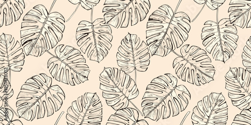 Stylized monstera leaves create a repeating botanical pattern on beige