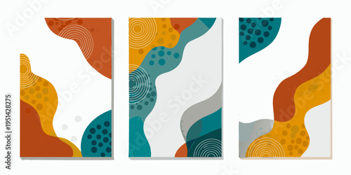 Abstract geometric art with colorful shapes arranged in a triptych format