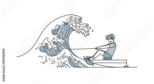 Man rowing on a machine wearing VR headset facing a giant wave, concept of virtual reality and overcoming challenges