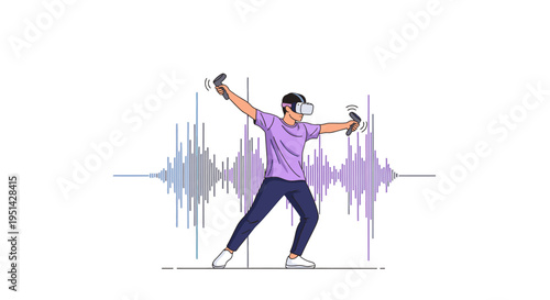 Man wearing VR headset and holding controllers, immersed in virtual reality with sound waves visualization