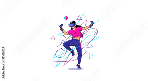 Woman wearing VR headset and holding controllers, immersed in virtual reality, surrounded by abstract geometric shapes.