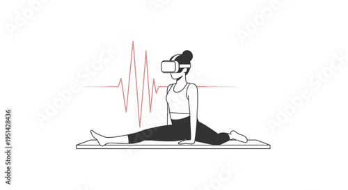Woman in VR headset doing splits on yoga mat with heart rate monitor graphic, futuristic fitness concept