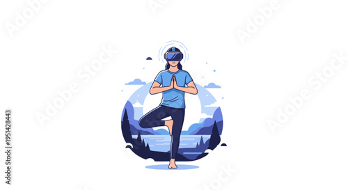 Person wearing VR headset doing yoga tree pose in a serene natural landscape, representing virtual reality and wellness