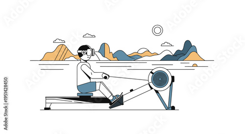 Person in VR headset using a rowing machine for an immersive fitness experience, blending technology and exercise in a stylized outdoor setting.